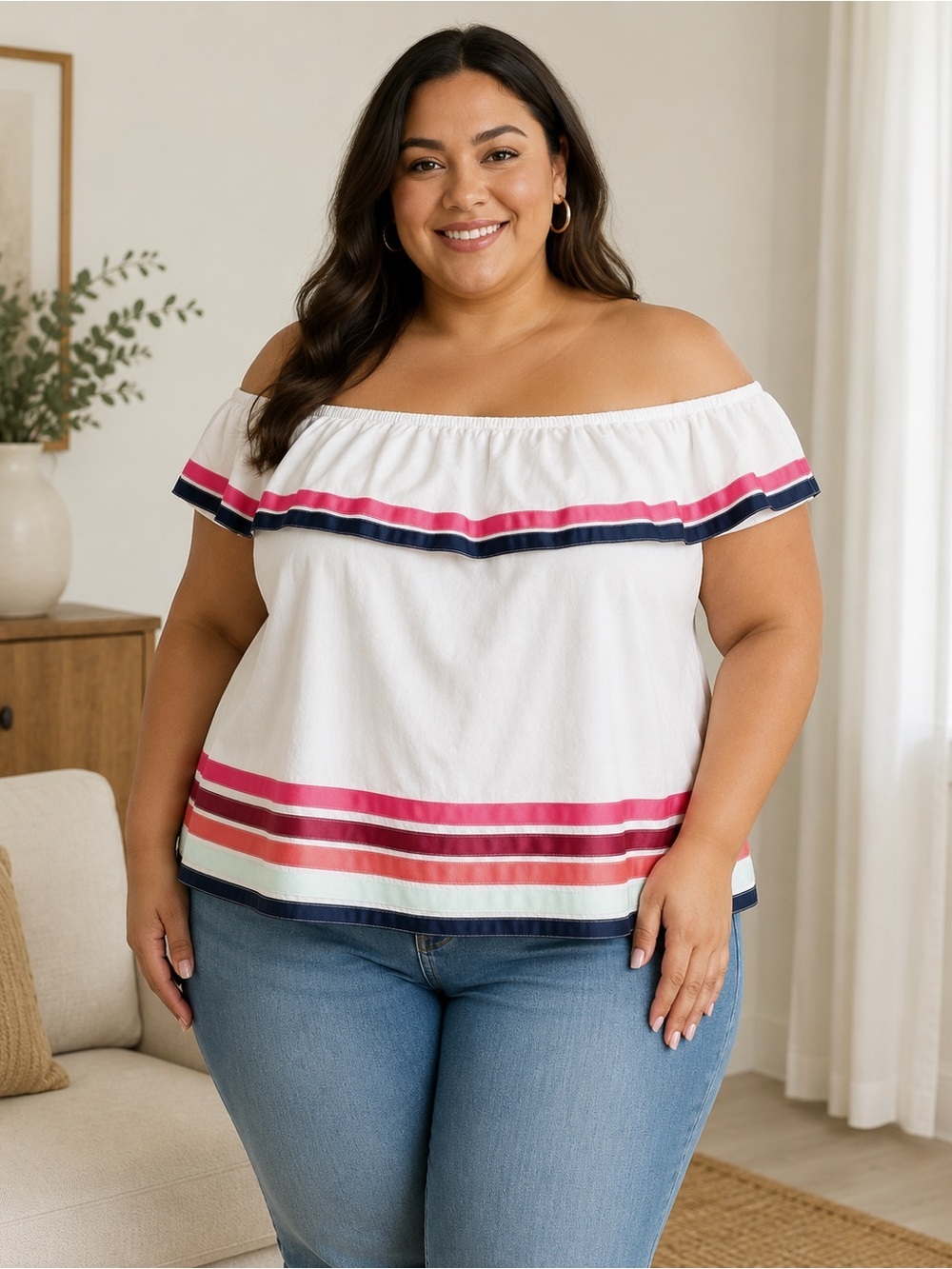 Lane Bryant Women’s Plus Off Shoulder Stripe Blouse White Pink Navy Boho Top 2X